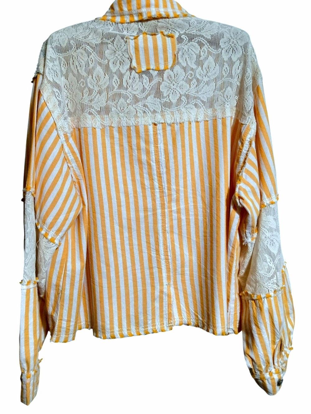 POL Yellow Stripe Blue Floral Boho Cottagecore Patchwork Shacket Top with Lace - Picture 7 of 11